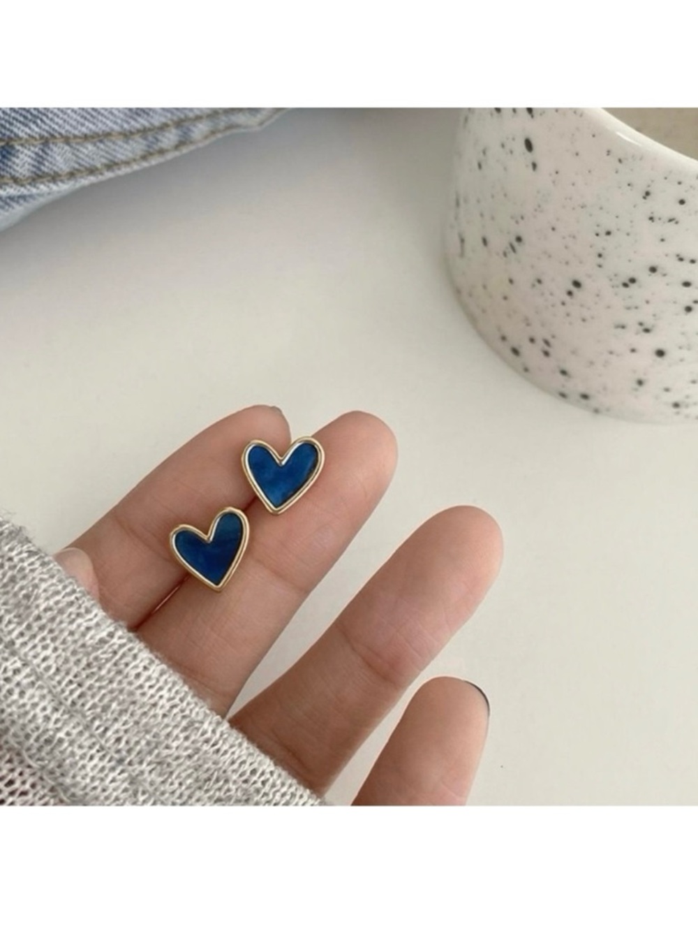 Navy Heart Stud Earrings with Gold Trim - Picture 5 of 9
